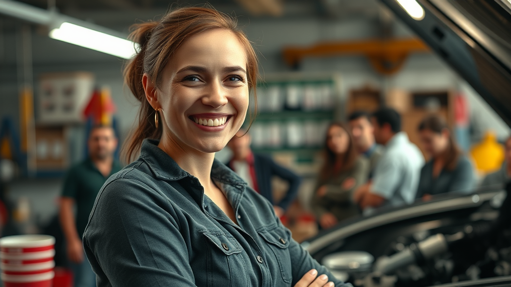Engaged female auto shop owner hosting community car maintenance workshop enhancing marketing trends automotive repair