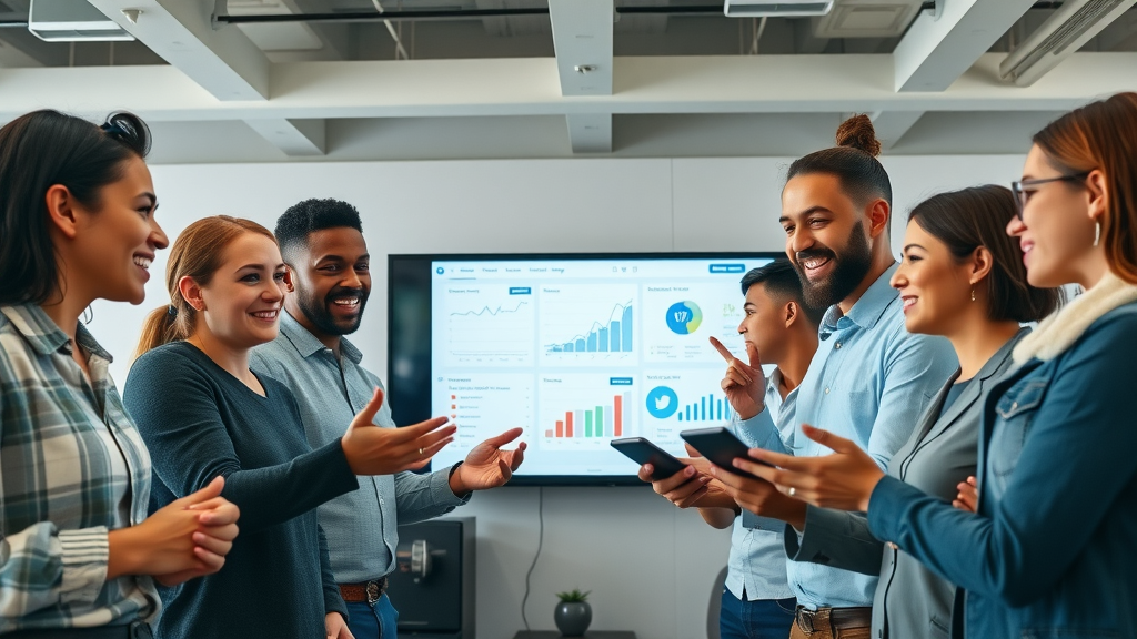 diverse group of marketers reviewing social media analytics for effective social media marketing in a collaborative office