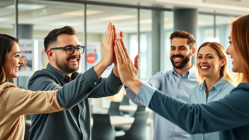 marketing team celebrating social media strategy success in bright modern office