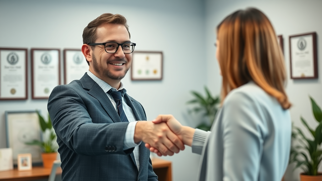 friendly certified financial planner shaking hands with client in professional office, financial planning for growth, diplomas, detailed, handshake, 50mm lens, light blue accents