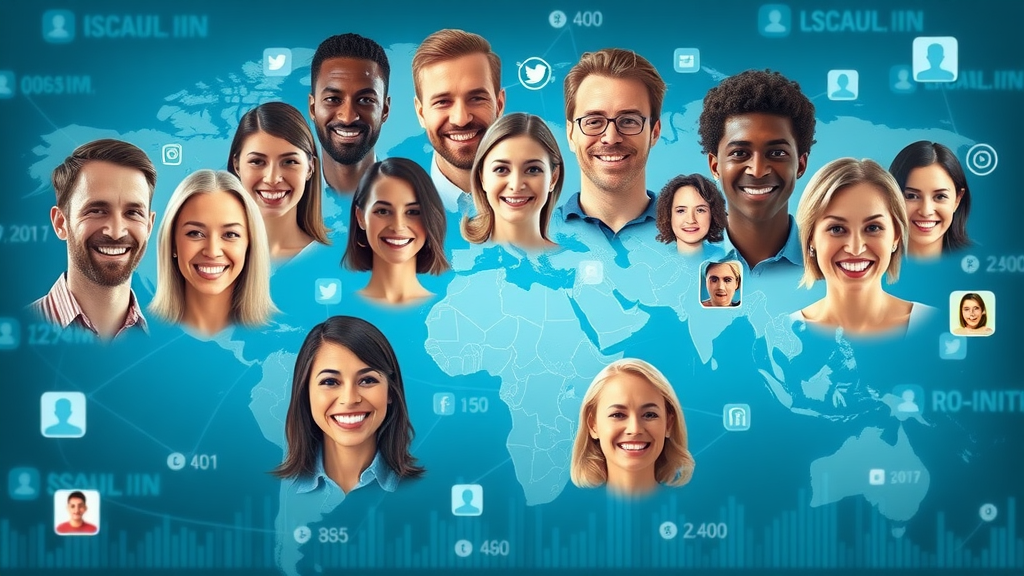 vibrant global social media map, smiling diverse faces, people connecting across continents, digital world map background, social media platforms, highly detailed