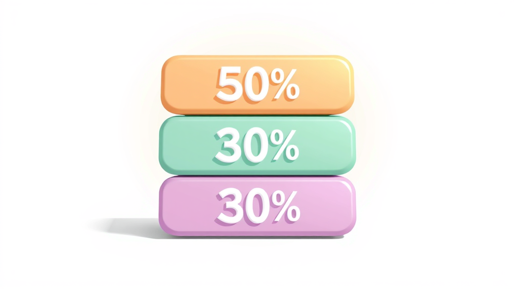 simple infographic of 50 30 20 rule with needs, wants, savings for financial planning for growth, pastel segments, clean background, detailed, digital illustration style