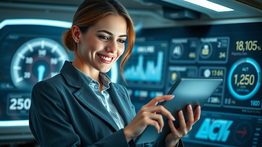 Professional female marketing manager analyzing auto repair digital marketing trends on tablet
