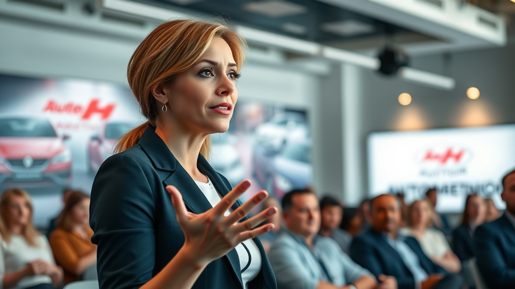 Inspiring female speaker presenting marketing trends automotive repair to engaged audience