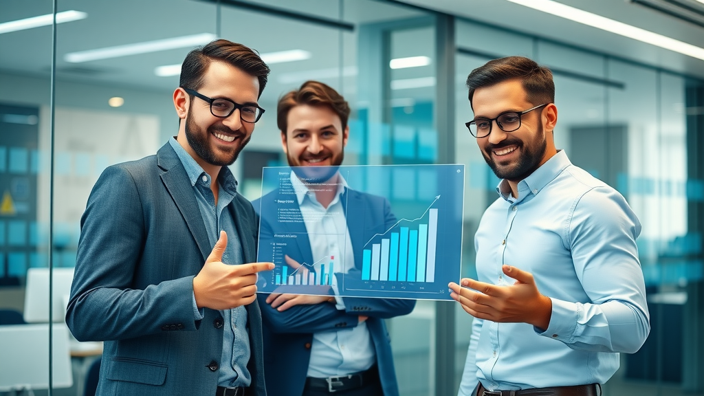 dynamic team of entrepreneurs confident analyzing growth statistics on an interactive digital screen - business growth strategies, modern office with glass walls and digital charts