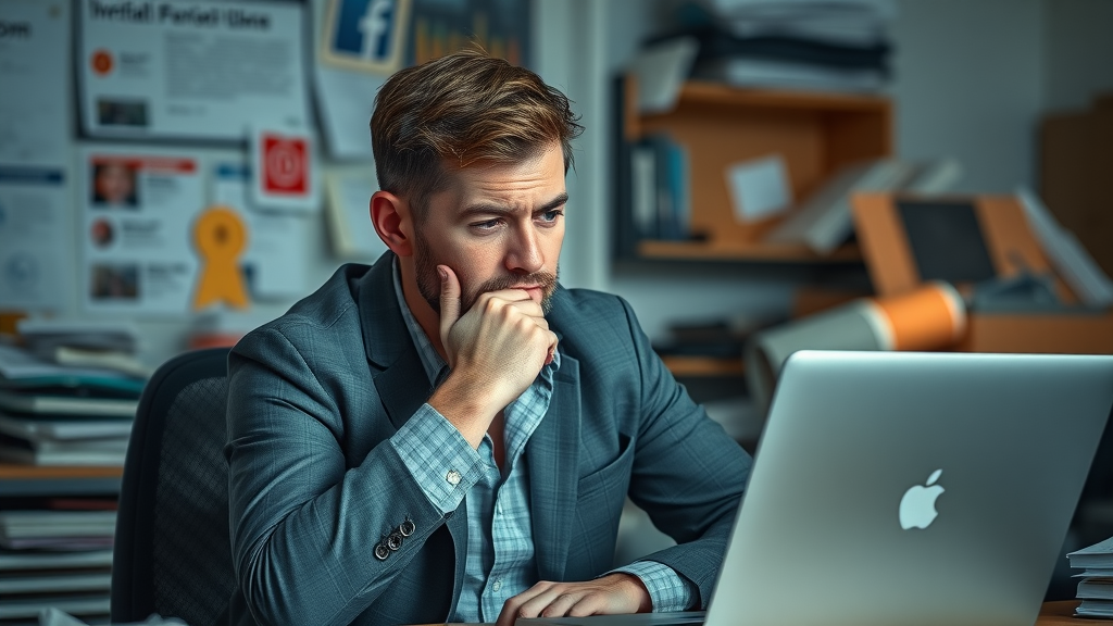frustrated small business owner contemplating social media marketing at cluttered desk surrounded by social media icons
