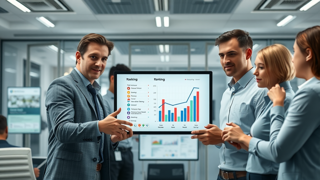 business team assembling industry ranking chart of top social media platforms, digital displays comparing media apps