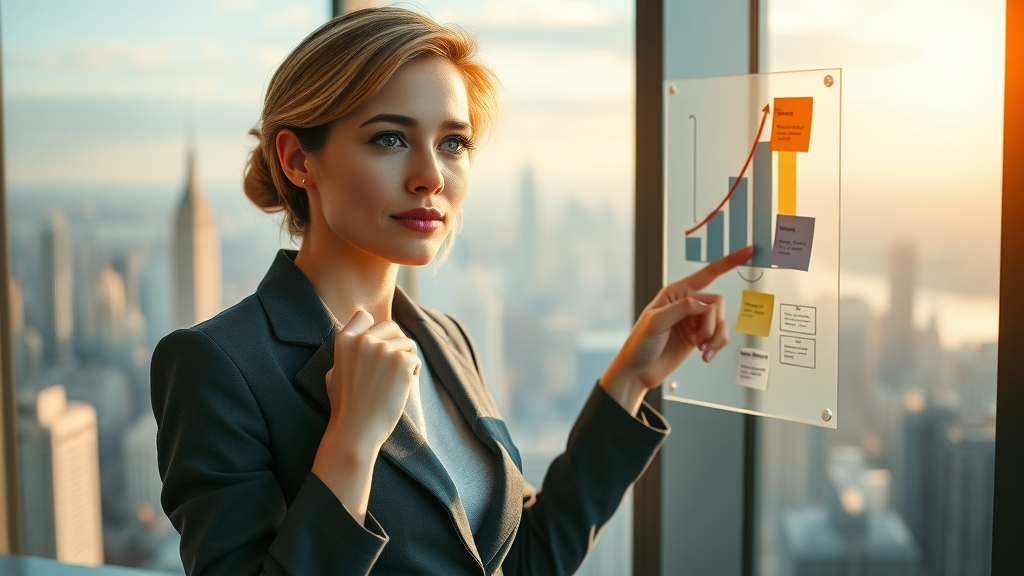 inspirational businesswoman pointing to a strategic growth diagram - growth strategy in business, flowcharts and strategic planning