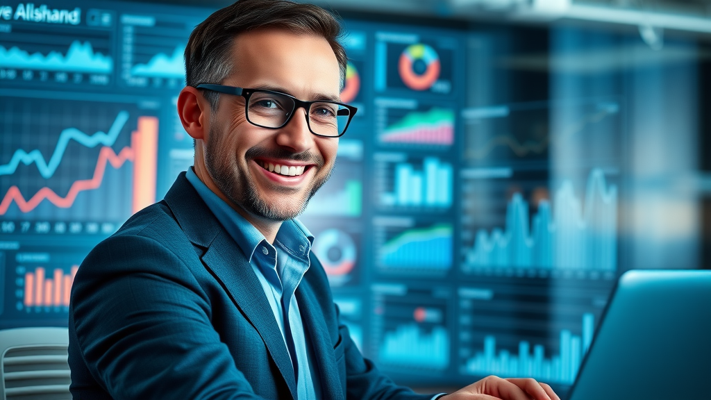 analytical marketing executive monitoring real-time social media analytics dashboard with transparent screens