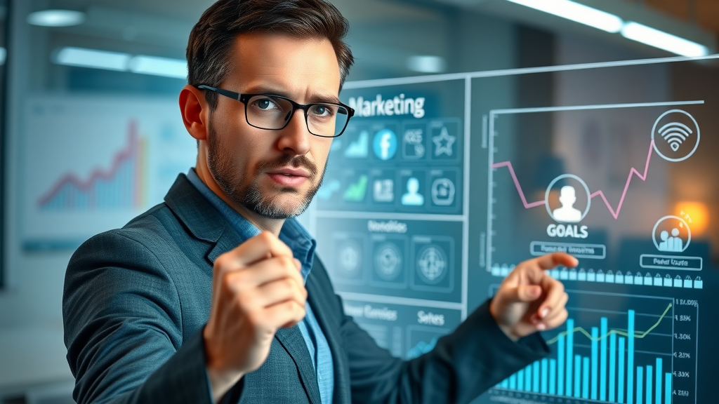 focused marketing manager mapping marketing strategy goals with social media icons on a digital whiteboard