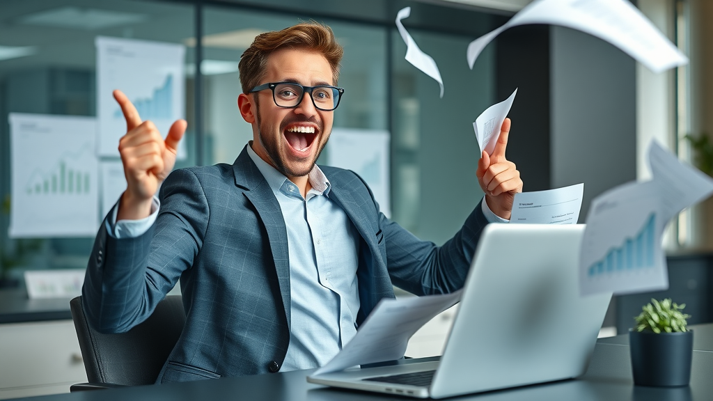 ambitious businessman celebrating rising sales graph on laptop - market penetration success, market trend reports and sales growth