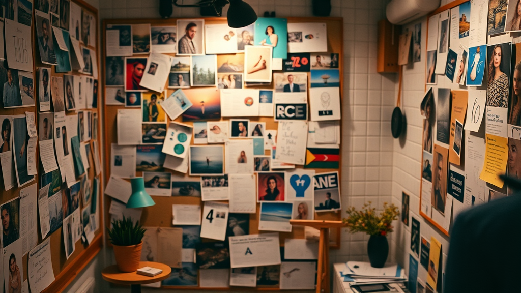 designer arranging mood boards for Pinterest, visual discovery on a colorful social media platform