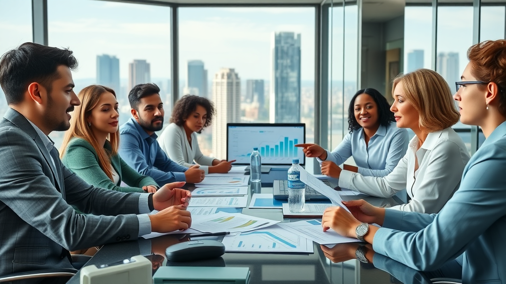 insightful group of diverse professionals reviewing financial charts for financial planning for growth, modern conference table, high fidelity photorealistic, panoramic skyline view, animated discussion, crisp colors, natural daylight, shot with 35mm lens