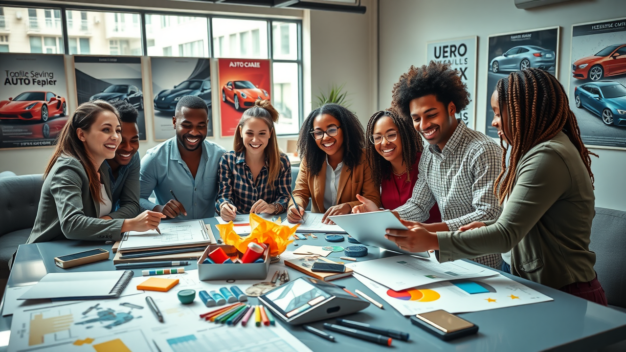 Diverse creative marketing team designing inclusive auto repair branding and advertising material