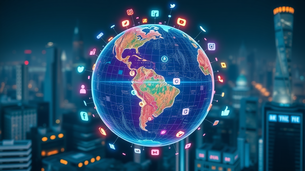 social media platforms powering global connectivity in 2025, digital globe with social media icons swirling, vibrant neon colors, global digital community