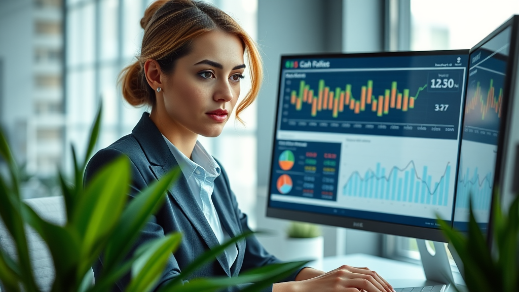 professional woman analyzing cash flow management with financial software for financial planning for growth, modern workspace, colorful graphs, detailed, 35mm lens, daylight