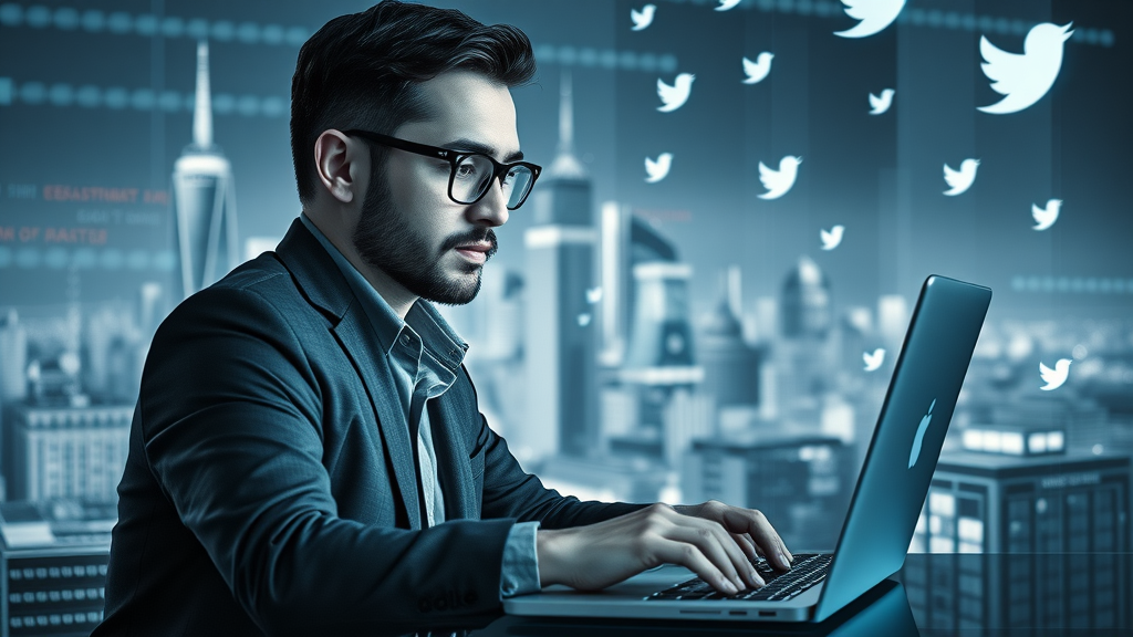 confident professional engaging with Twitter social media platform, digital trends and news updates