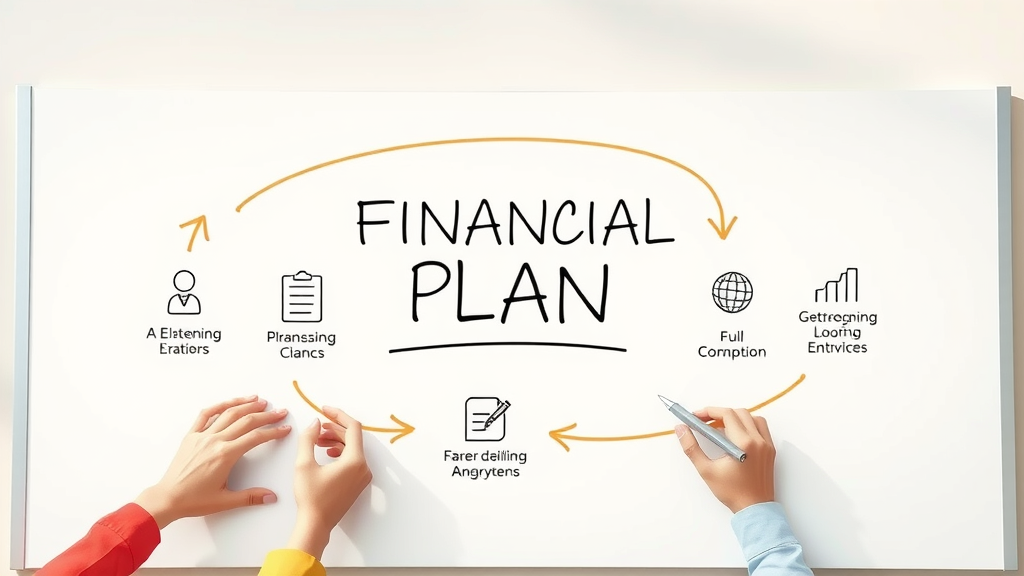 clear diagram of financial plan lifecycle for financial planning for growth, informative stages, whiteboard style, icons and arrows, highly detailed, pastel palette