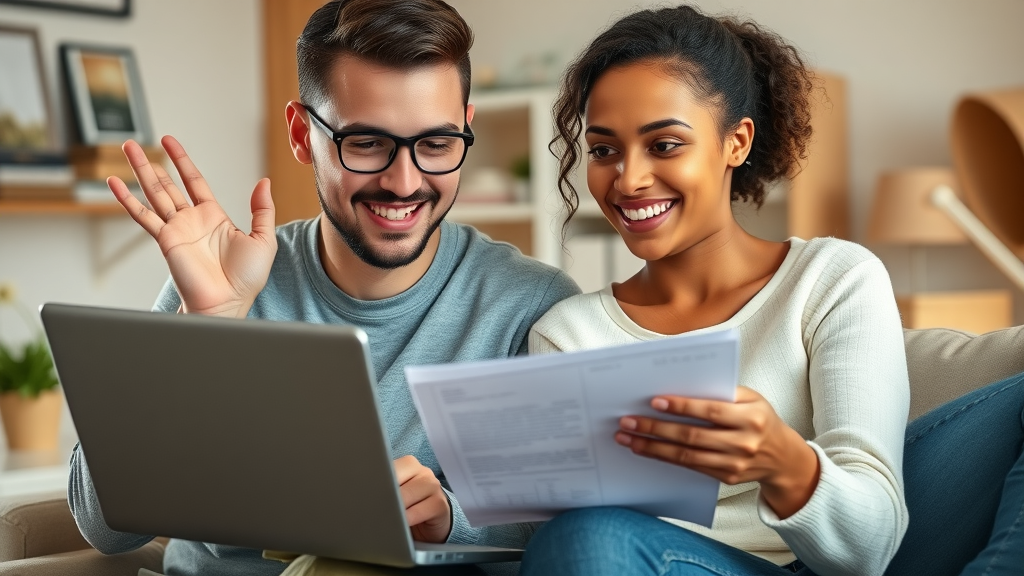 motivated young couple reviewing personal finances, financial planning process, cozy home office, detailed paperwork, financial planning for growth, 50mm lens