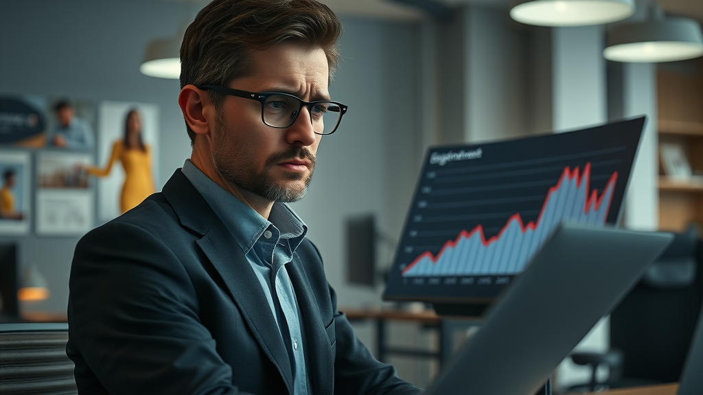 brand manager frustrated by failed social media strategy looking at declining analytics chart