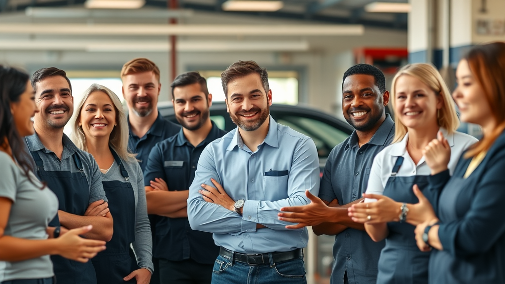 Friendly diverse group of automotive professionals engaging with local community members in auto repair marketing