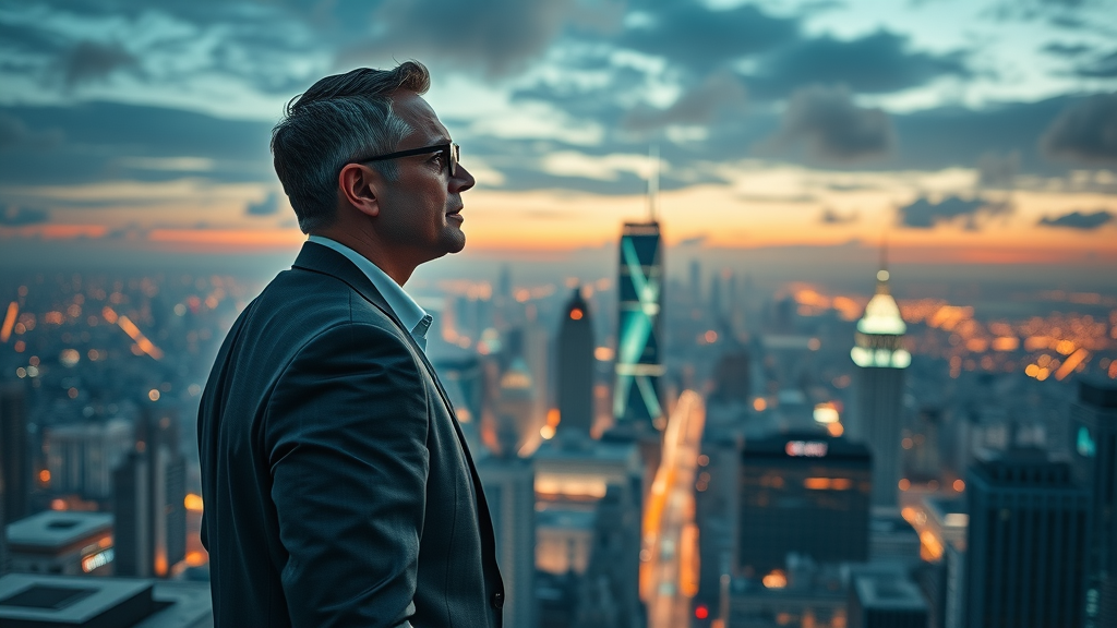 visionary business leader overseeing city with digital graphs symbolizing sustainable competitive advantage in business