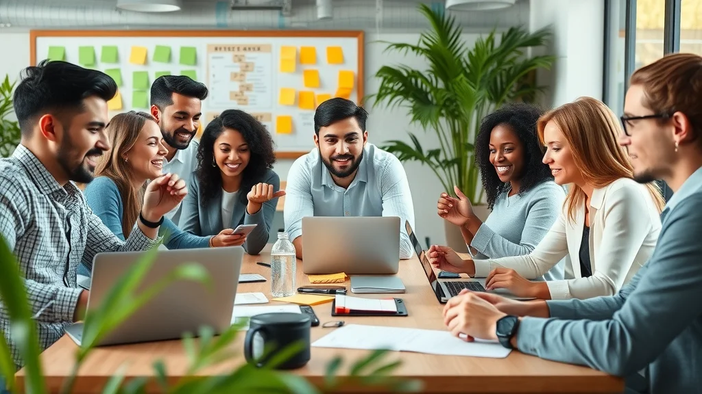 Dynamic team of diverse entrepreneurs using entrepreneurship growth hacks in a modern coworking space, collaborating with laptops and strategy materials