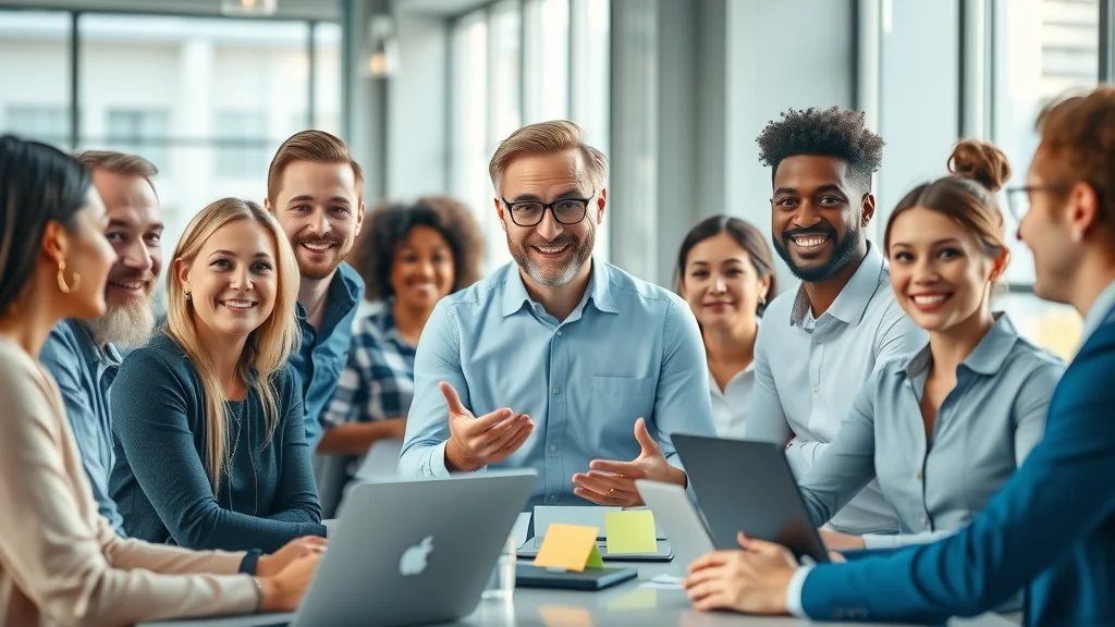 Inspiring business leader discussing leadership syles in a collaborative team meeting, natural lighting, modern open office, leadership style diversity