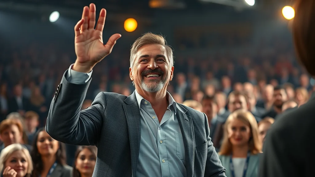 Transformational leader inspiring a group with effective leadership syles on a stage, bold lighting, audience engagement