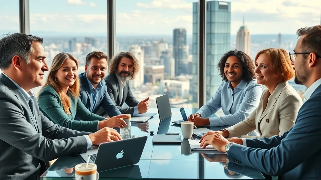 Diverse transformational leaders collaborating on leadership syles, modern office, global leadership