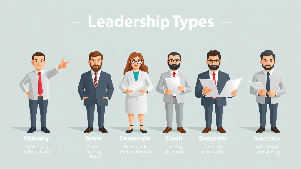 Infographic showing visionary, servant, coaching, democratic, bureaucratic, and autocratic leadership syles comparison