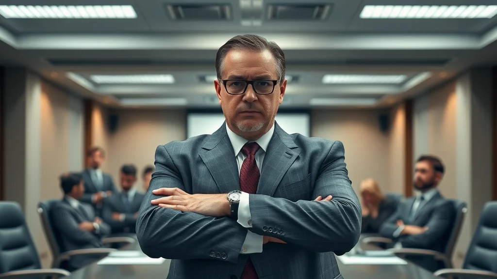 Autocratic business leader displaying authoritarian leadership syles in a formal boardroom, tense work environment, serious expressions