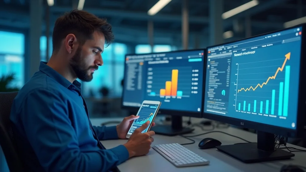 Confident digital marketer reviewing AI analytics, search rankings, and visibility across AI platforms in a high-tech workspace. visibility tool, ai search results, brand visibility