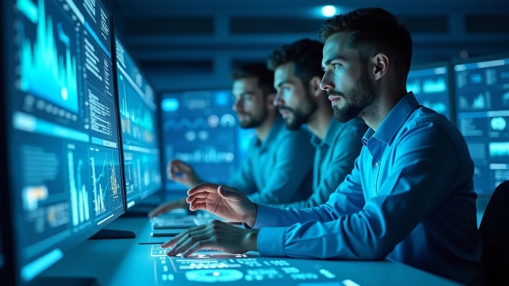 Futuristic business team analyzing digital dashboards, glowing holographic graphs, and AI search engine interfaces in a modern high-tech office. ai search visibility, answer engine, visibility tool, search results