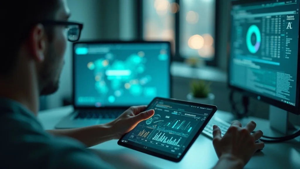 Person navigating a tablet displaying AI-powered search analytics in a modern workspace. ai search visibility, ai answers, search engine optimization